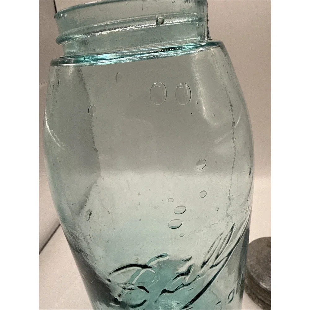 Vtg Blue Green Ball Perfect Mason Half Gallon Jar Zinc Lid Insert IV BUBBLES #12